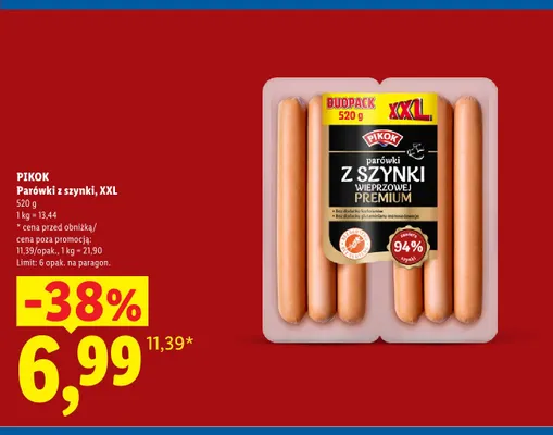 Parówki z szynki wieprzowej Pikok Premium XXL 2-pak promocja w Lidl