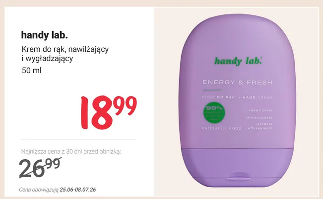 Krem do rąk nawilżający i wygładzający handy lab. Energy & Fresh promocja w Rossmann
