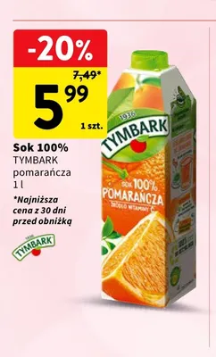 Sok Tymbark pomarańcza 100% promocja w Intermarche