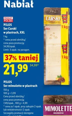 Ser mimolette w plastrach Pilos promocja w Lidl