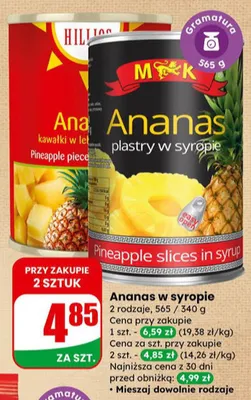 Ananasy w syropie 565 g promocja w Dino