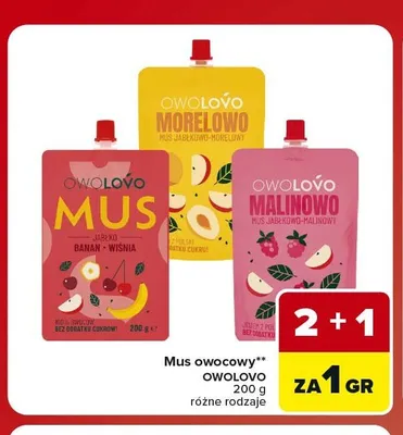 Mus owocowy jabłko banan wiśnia Owolovo promocja w Carrefour Market