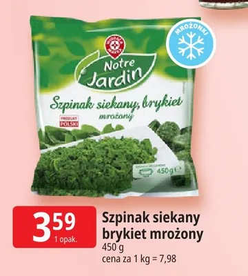 Szpinak siekany brykiet mrożony Notre Jardin promocja w Leclerc