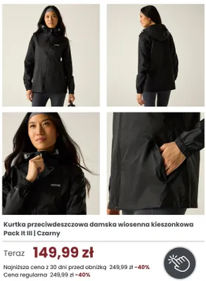 Kurtka przeciwdeszczowa damska wiosenna kieszonkowa Regatta Pack It III czarny promocja w Regatta