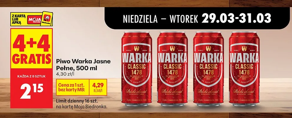 Piwo Warka Jasne Pełne 4+4 GRATIS promocja w Biedronka