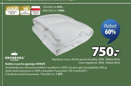 Kołdra z puchu gęsiego OKKEN KRONBORG 135x200cm promocja w Jysk