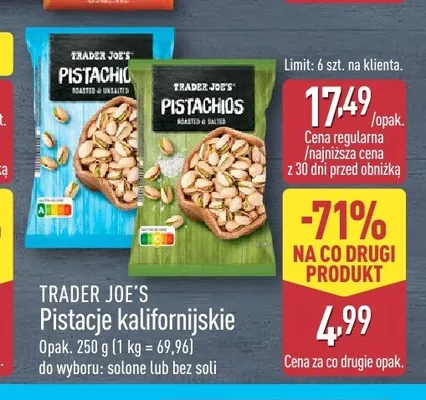 Pistacje kalifornijskie Trader Joe's bez soli promocja w Aldi
