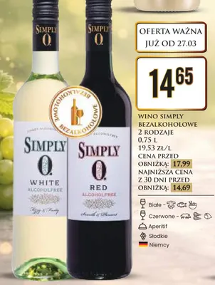 Wino Simply bezalkoholowe 2 rodzaje promocja w Dino
