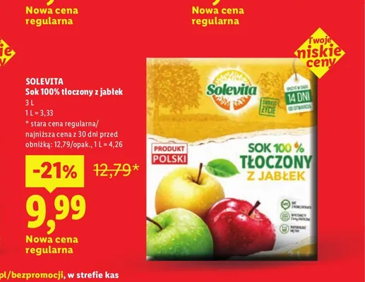 Sok tłoczony z jabłek Solevita 100% promocja w Lidl