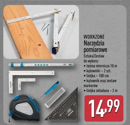 Narzędzia pomiarowe taśma miernicza 10 m, kątowniki 2 szt., linijka 100 cm, kątownik oraz zestaw markerów, linijka składana 2 m promocja w Aldi
