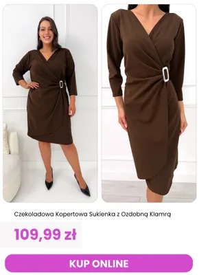 Czekoladowa kopertowa sukienka z ozdobną klamrą promocja w Modna Kiecka