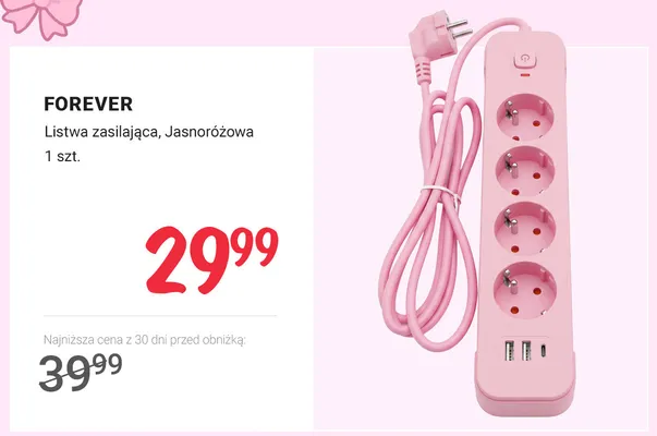 Listwa zasilająca Forever jasnoróżowa promocja w Rossmann