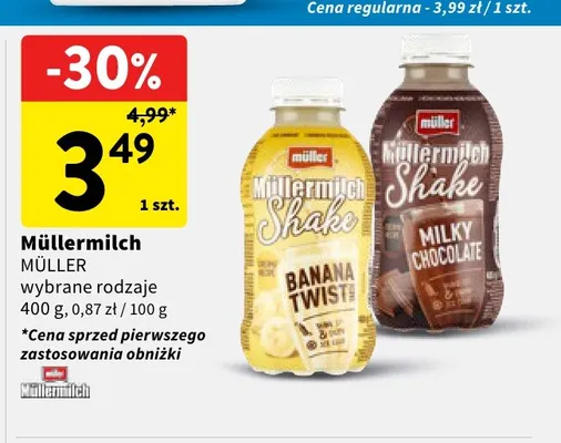 Napój mleczny Müllermilch Shake Banana Twist Müller promocja w Intermarche