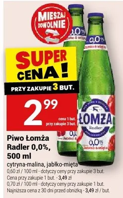 Piwo Łomża Radler cytryna-malina jabłko-mięta 0,0% promocja w Twój Market