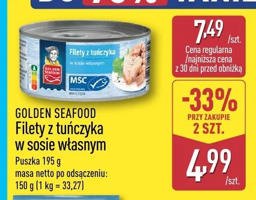 Filety z tuńczyka w sosie własnym GOLDEN SEAFOOD promocja w Aldi