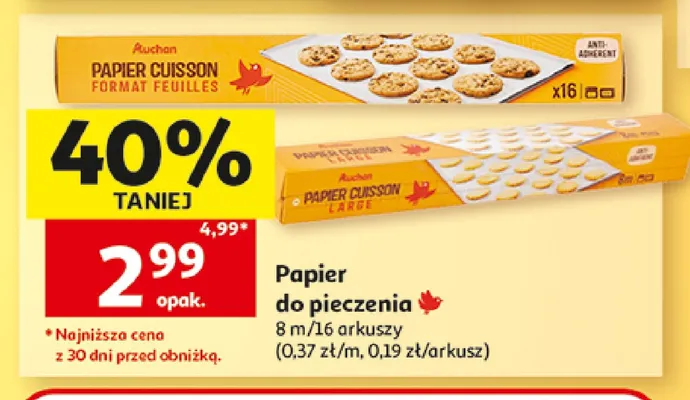 Papier do pieczenia 16 arkuszy Auchan promocja w Auchan
