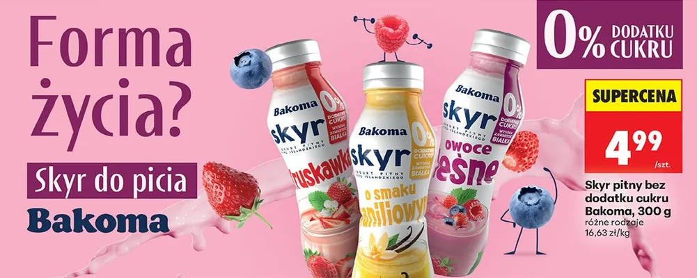 Skyr pitny bez dodatku cukru Bakoma truskawkowy promocja w Biedronka