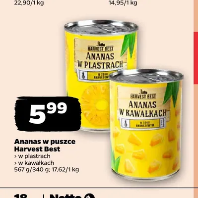 Ananas w puszce Harvest Best w kawałkach promocja w Netto