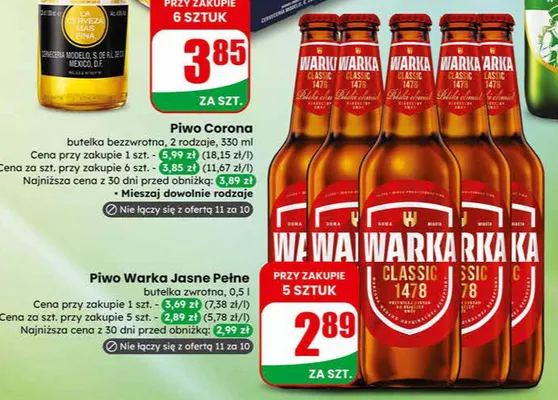 Piwo Warka Jasne Pełne butelka zwrotna promocja w Dino