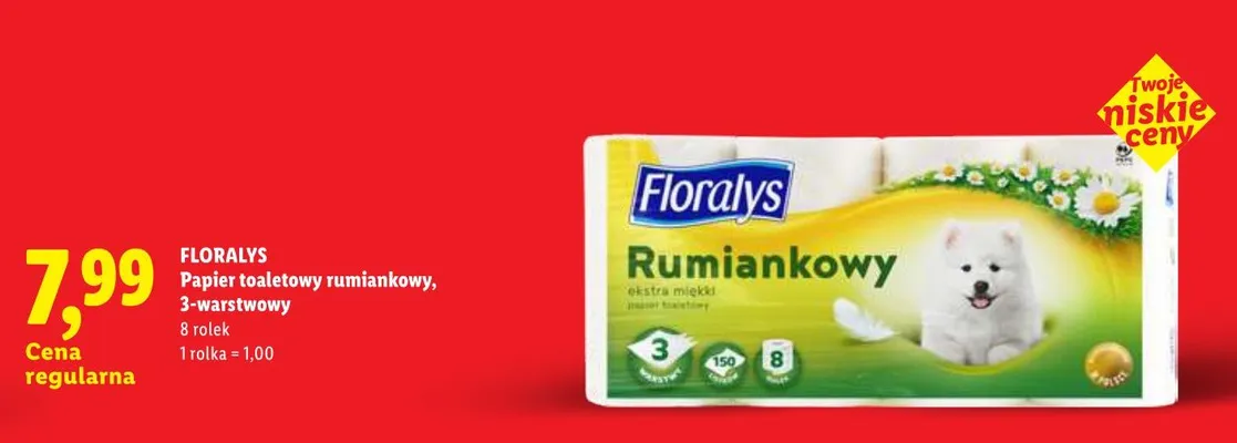Papier toaletowy rumiankowy 3-warstwowy Floralys promocja w Lidl