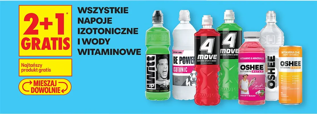 Wszystkie napoje izotoniczne i wody witaminowe 2+1 GRATIS promocja w Biedronka