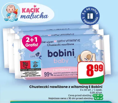 Chusteczki nawilżane z witaminą E Bobini 3-pak promocja w Dino