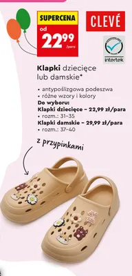 Klapki dziecięce CLEVÉ antypoślizgowa podeszwa z przypinkami rozm. 31-35 promocja w Biedronka
