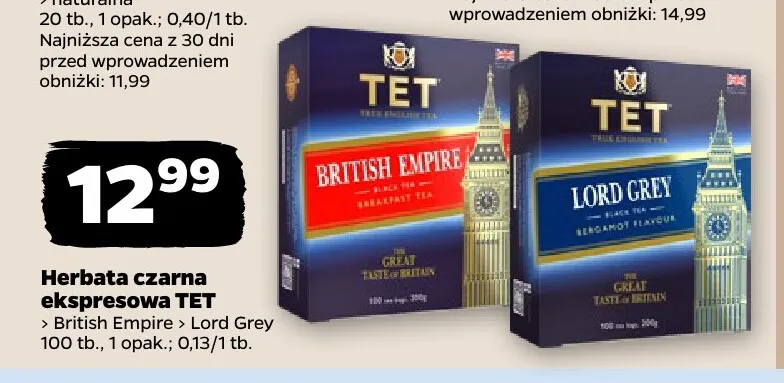 Herbata czarna ekspresowa TET Lord Grey promocja w Netto