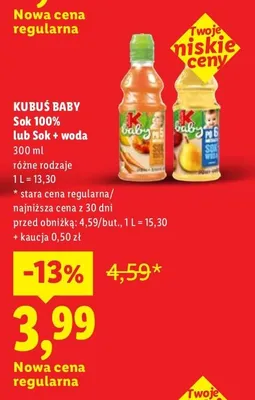 Sok 100% lub Sok + woda różne rodzaje promocja w Lidl