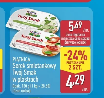Serek śmietankowy Twój Smak w plastrach z kolorowym pieprzem i bazylią Piątnica promocja w Aldi