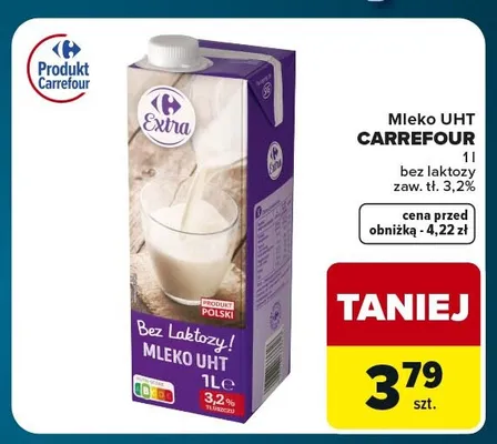 Mleko UHT bez laktozy Carrefour Extra 3,2% promocja w Globi
