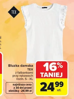 Bluzka damska TEX z falbankami przy rękawach rozm. S - XL promocja w Carrefour