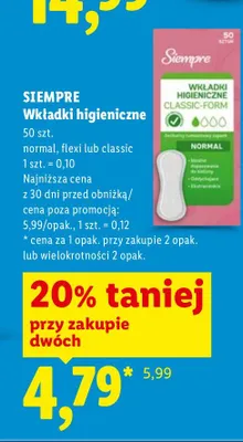 Wkładki higieniczne Siempre Classic-Form Normal promocja w Lidl