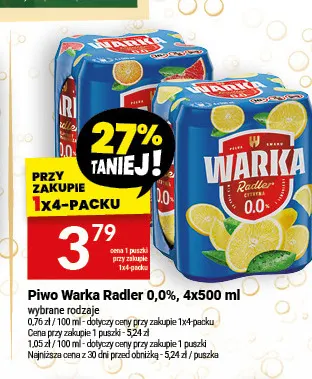Piwo bezalkoholowe Warka Radler 4-pak 500 ml promocja w Twój Market