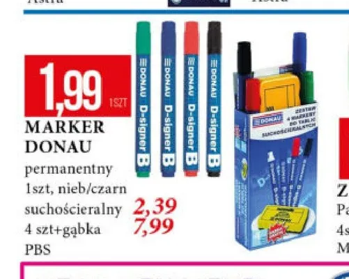 Zestaw markerów suchościeralnych Donau 4-pak + gąbka promocja w Leclerc