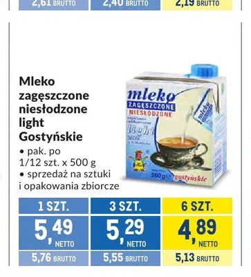 Mleko zagęszczone niesłodzone light Gostyńskie promocja w Makro