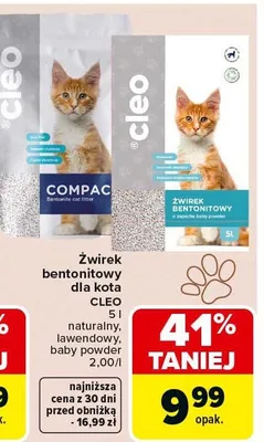 Żwirek bentonitowy dla kota Cleo naturalny, lawendowy, baby powder promocja w Carrefour