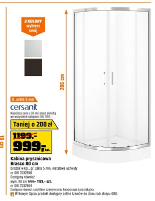 Kabina prysznicowa Cersanit Brasco 80 cm promocja w OBI