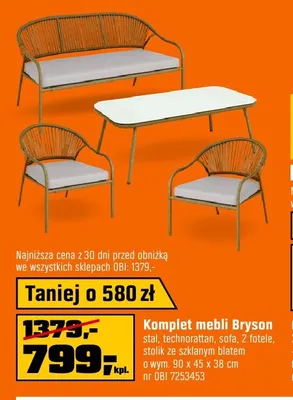 Komplet mebli Bryson stal technorattan sofa 2 fotele stolik ze szklanym blatem 90x45x38cm promocja w OBI