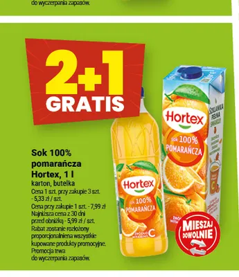 Sok pomarańcza Hortex 100% promocja w Twój Market