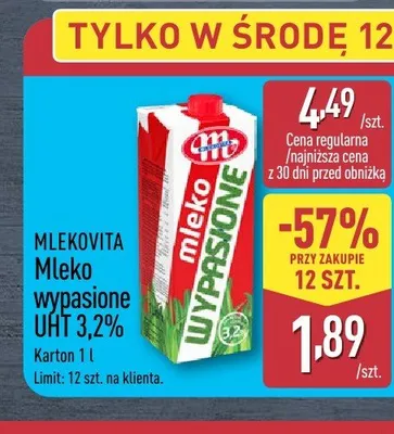 Mleko wypasione UHT 3,2% Mlekovita promocja w Aldi