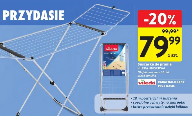 Suszarka do prania 18 m powierzchni suszenia, specjalne uchwyty na skarpetki, łatwe przesuwanie dzięki kółkom promocja w Intermarche