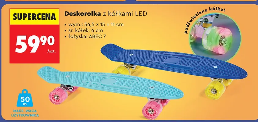 Deskorolka z kółkami LED 56,5x15x11cm promocja w Biedronka