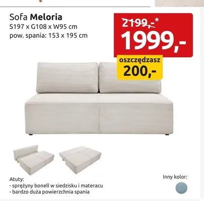Sofa Meloria S197xG108xW95cm pow. spania: 153x195cm promocja w Black Red White