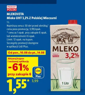 Mleko UHT 3,2% Mlekovita Z Polskiej Mleczarni promocja w Lidl