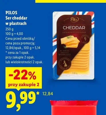 Ser cheddar w plastrach Pilos promocja w Lidl