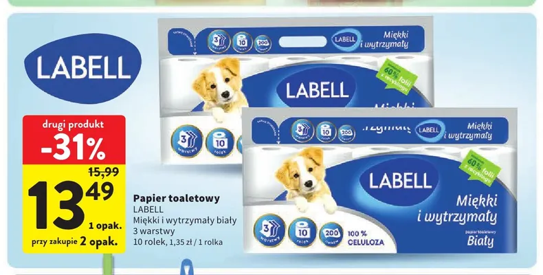 Papier toaletowy Miękki i wytrzymały biały 3 warstwy Labell 10-pak promocja w Intermarche