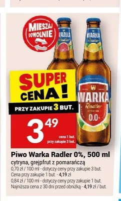 Piwo Warka Radler 0% cytryna promocja w Twój Market