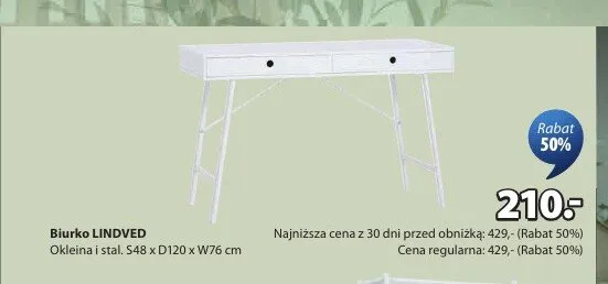 Biurko LINDVED okleina i stal S48xD120xW76cm promocja w Jysk