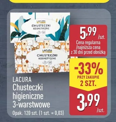 Chusteczki higieniczne Lacura 3-warstwowe promocja w Aldi